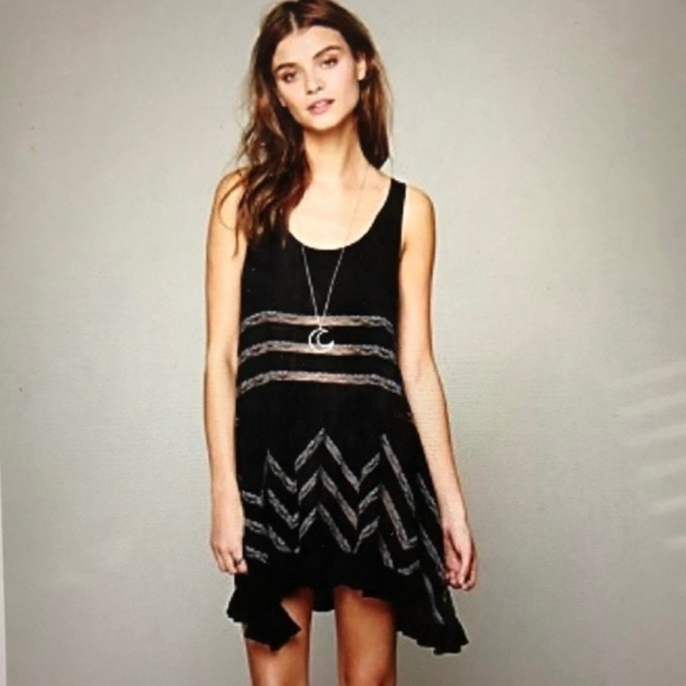Free People Black Sleeveless Embroidered Tunic Dress